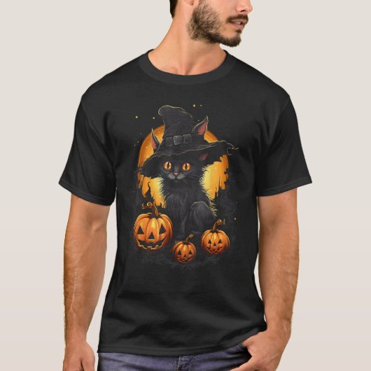 ハロウィン 猫 魔女 帽子 ジャックオーランタン Tシャツ (正面)