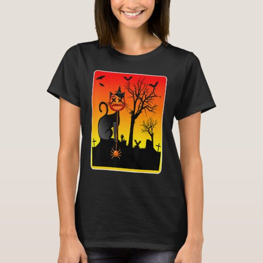 ハロウィン 猫 魔女 帽子 Tシャツ (正面)