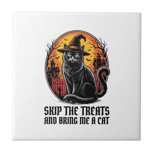 ハロウィン 猫 Tシャツ ヴィンテージ風 彫刻 スプーキー ブラック タイル (正面)
