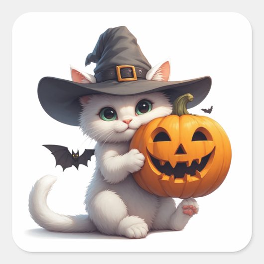 ハロウィン 白い子猫 ジャックオーランタンパンプキン 🦇 スクエアシール (正面)