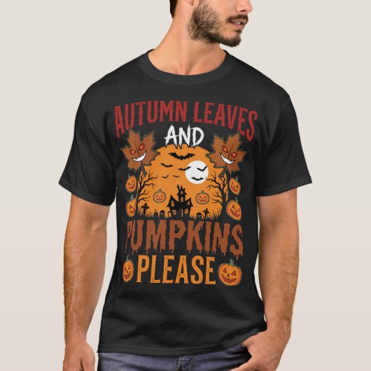 ハロウィン 秋の葉とカボチャのスプーキー ベクター Tシャツ (正面)