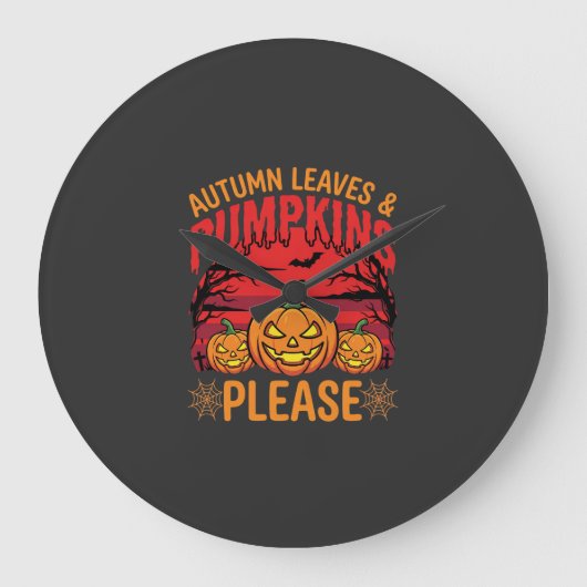 ハロウィン+秋の葉とカボチャのデザインをお願いします ラージ壁時計 (正面)