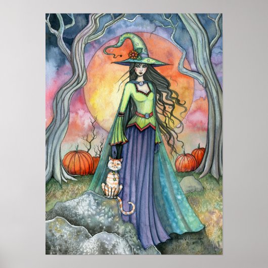 ハロウィン・秋の魔女猫アートポスター印刷 ポスター (正面)