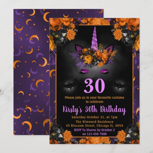 ハロウィン 秋 花 ユニコーン 顔 誕生日 招待状 (正面/裏面)