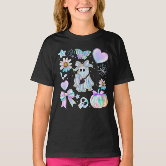 ハロウィン－虹色タイダイ　ネオン幽霊少女 Tシャツ (正面)