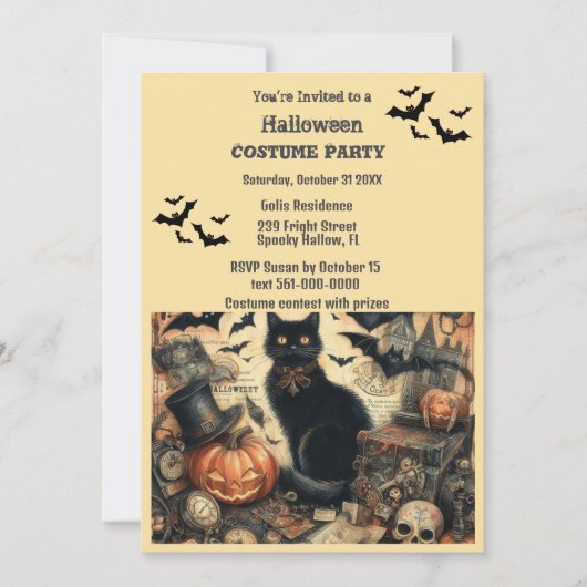 ハロウィン 衣装パーティ ヴィンテージ 黒猫 招待状 (正面)