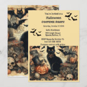ハロウィン 衣装パーティ ヴィンテージ 黒猫 招待状 (正面/裏面)
