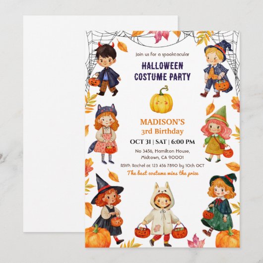 ハロウィン 誕生日パーティー キッズ コスチューム かぼちゃ 可愛い 招待状 (正面/裏面)