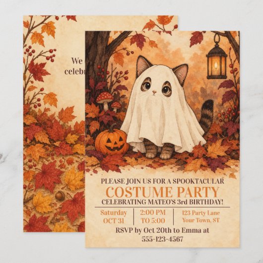 ハロウィン 誕生日パーティ キテンゴースト コスチューム 招待状 (正面/裏面)