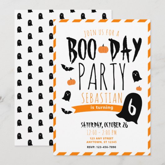 ハロウィン 誕生日 怖い1日 幽霊とコウモリ 招待状 (正面/裏面)