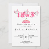 ハロウィン 誕生日 水彩 ピンク 幽霊 かぼちゃ 招待状 (正面)