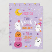 ハロウィン 誕生日 2人の女の子のパーティー 幽霊 パープル 招待状 (正面/裏面)