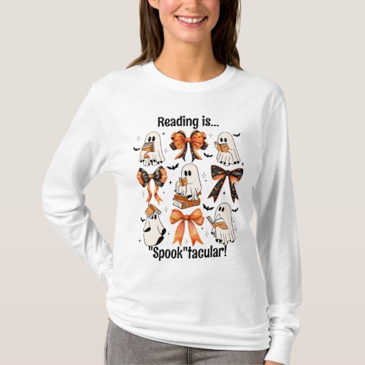 ハロウィン「読書はスプークタキュラー」ゴーストの蝶ネクタイ Tシャツ (正面)