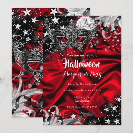 ハロウィン 赤い魔法の夜のマスカレードパーティー 招待状 (正面/裏面)