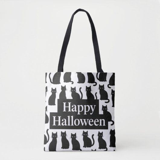ハロウィン 遊び心 黒白 猫 パターン トートバッグ (正面)
