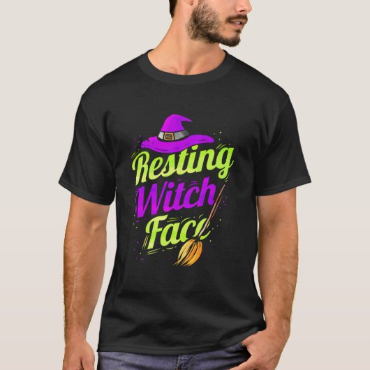 ハロウィン 魔女のほうき 休息する魔女の顔 Tシャツ (正面)
