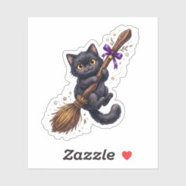 ハロウィン 魔女の箒に乗ったかわいい黒猫 シール