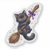 ハロウィン 魔女の箒に乗ったかわいい黒猫 シール (正面)