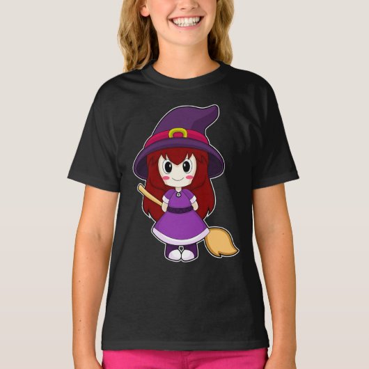 ハロウィン 魔女の箒を持つ女の子 Tシャツ (正面)