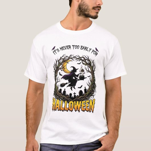 ハロウィン 魔女の釜 月 墓地 曲がりくねった木 Tシャツ (正面)