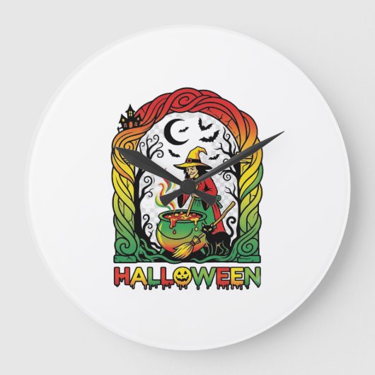 ハロウィン 魔女の鍋で魔力を醸す黒猫 スプーキー ラージ壁時計 (正面)