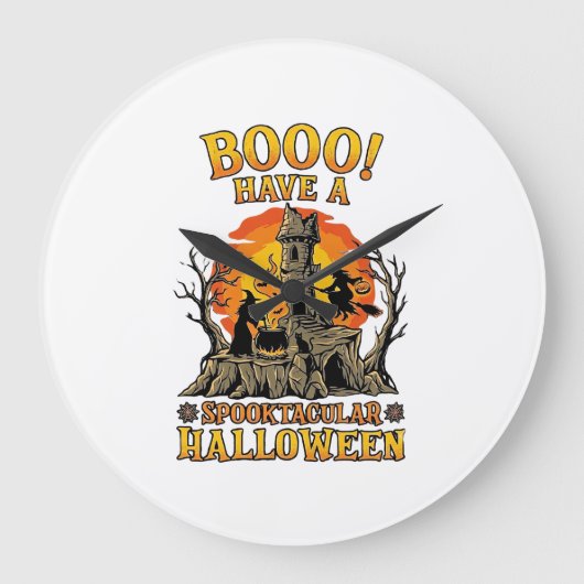 ハロウィン 魔女の鍋と城の不気味な装飾 ラージ壁時計 (正面)
