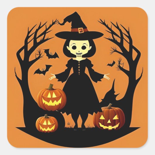 ハロウィン 魔女 かぼちゃ 怖いシーン スクエアシール (正面)