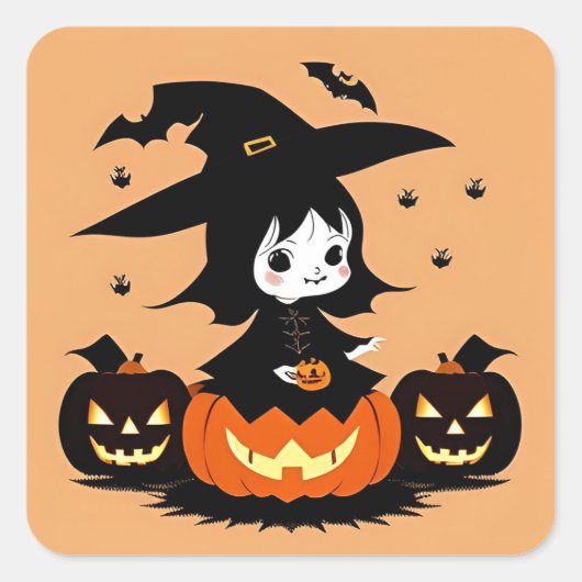 ハロウィン 魔女 かぼちゃ 怖いシーン スクエアシール (正面)