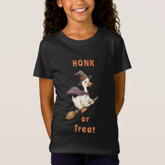 ハロウィン 魔女 ガチョウ Honk or Treat 少女 Tシャツ (正面)