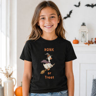 ハロウィン 魔女 ガチョウ Honk or Treat 少女 Tシャツ