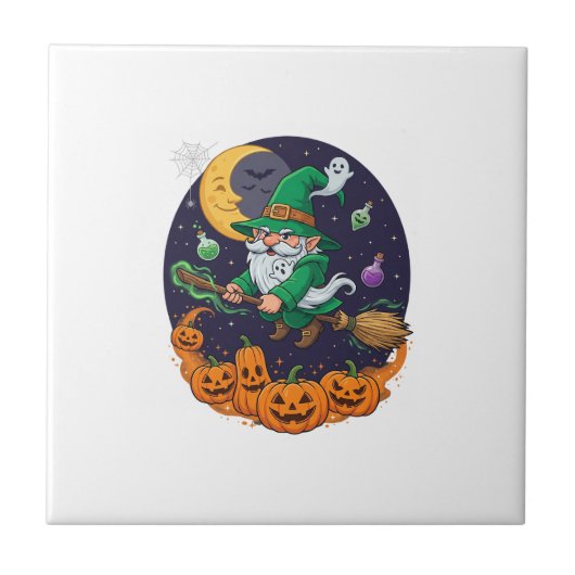 ハロウィン 魔女 グノーム ほうき かぼちゃ 月 タイル (正面)