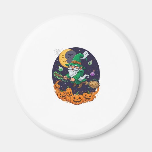 ハロウィン 魔女 グノーム ほうき かぼちゃ 月 マグネット (正面)