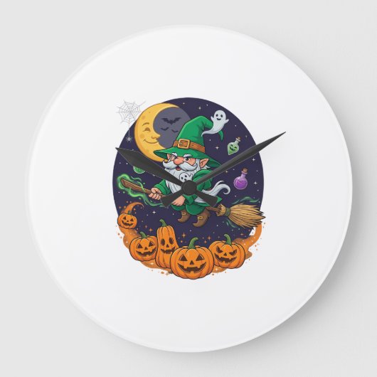 ハロウィン 魔女 グノーム ほうき かぼちゃ 月 ラージ壁時計 (正面)