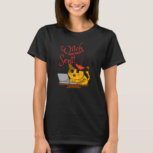 ハロウィン 魔女 友達申請 送信済み 子猫 Tシャツ (正面)