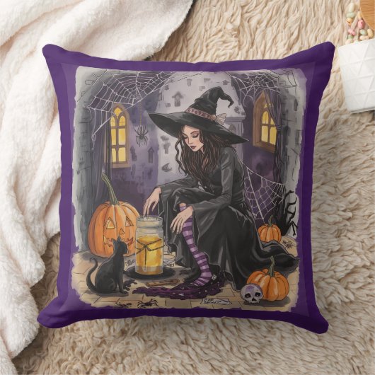 ハロウィン、魔女、彼女のポーション、そして真夜中 クッション (ブランケット)