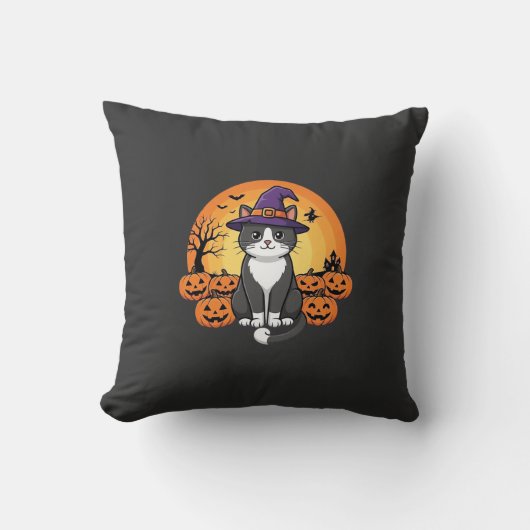 ハロウィン 魔女 猫 かぼちゃ 月 デザイン_1 クッション (正面)
