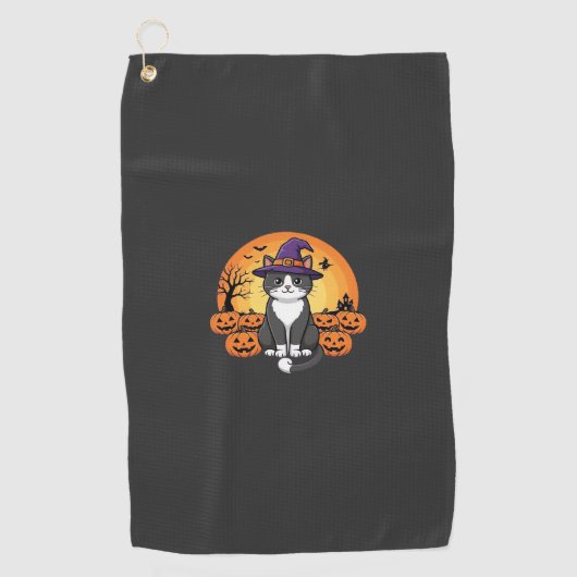 ハロウィン 魔女 猫 かぼちゃ 月 デザイン_1 ゴルフタオル (正面)