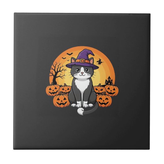 ハロウィン 魔女 猫 かぼちゃ 月 デザイン_1 タイル (正面)