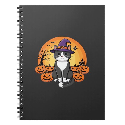 ハロウィン 魔女 猫 かぼちゃ 月 デザイン 1 ノートブック (正面)