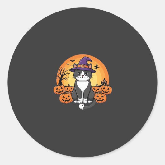 ハロウィン 魔女 猫 かぼちゃ 月 デザイン_1 ラウンドシール (正面)