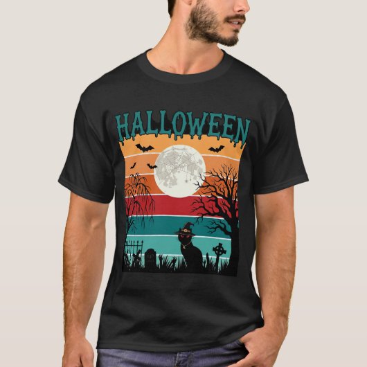 ハロウィン 魔女 猫 クモの巣 月 墓地_1_1 Tシャツ (正面)