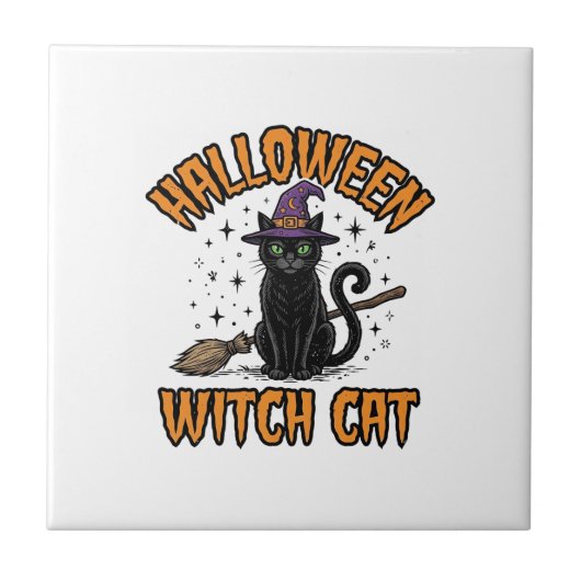 ハロウィン 魔女 猫 ビンテージ 彫刻 デザイン_1 タイル (正面)
