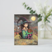 ハロウィン 魔女 黒猫とジャック・オ・ランタン ポストカード (スタンド正面)