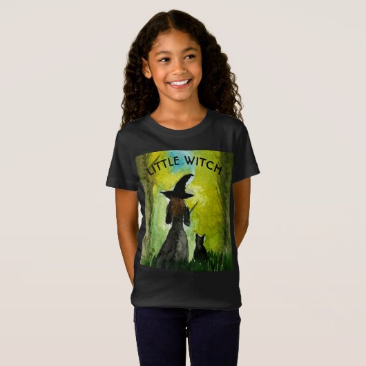ハロウィン 魔女 黒猫 スプーキー ウォーターカラー Tシャツ (正面フル)