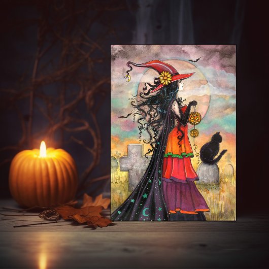 ハロウィン 魔女 黒猫 墓場 ファンタジー アート カード