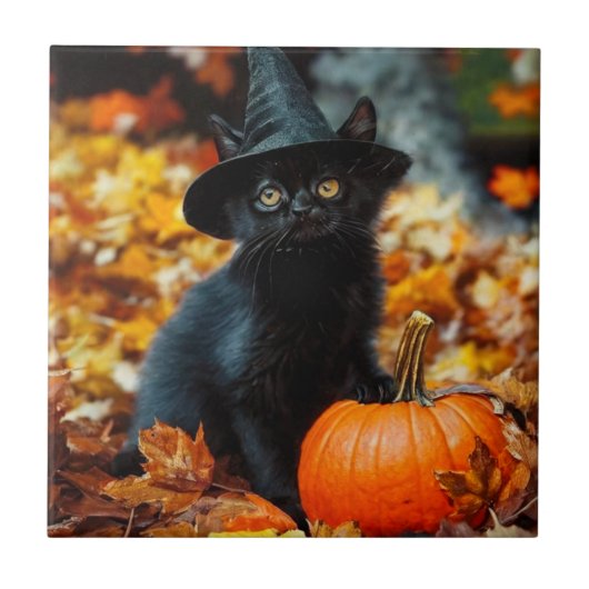 ハロウィン 黒猫とかぼちゃ タイル (正面)