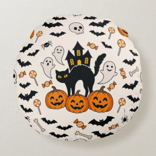 ハロウィン 黒猫とカボチャの幽霊の館 ラウンドクッション