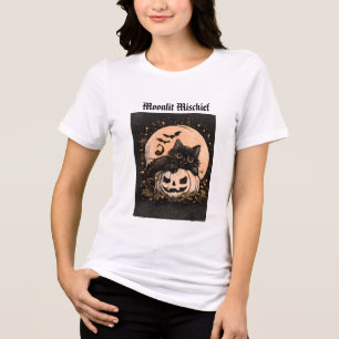 ハロウィン 黒猫とカボチャの月夜 グラフィック トライブレンドTシャツ