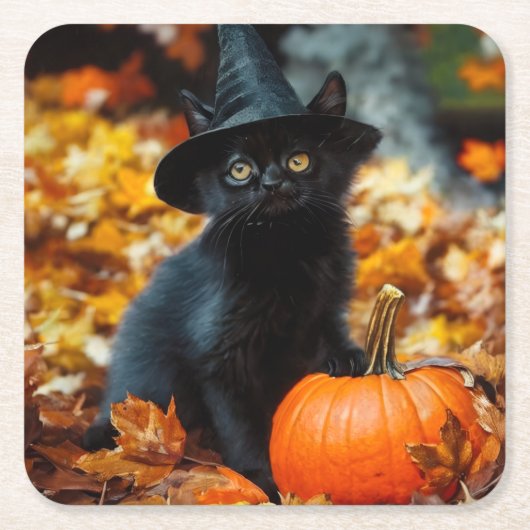 ハロウィン 黒猫とカボチャ スクエアペーパーコースター (正面)