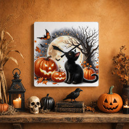 ハロウィン 黒猫とカボチャ レトロ アンバー スクエア壁時計